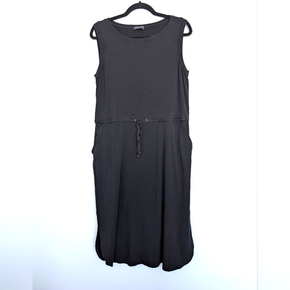 Eileen Fisher Tencel Jersey Round Neck Midi Dress Drawstring Waist in Black